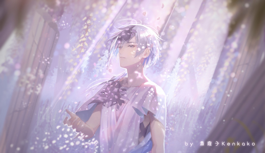 1boy, aged_down, ancient_greek_clothes, artist_name, cael_anselm, chiton, dappled_sunlight, flower