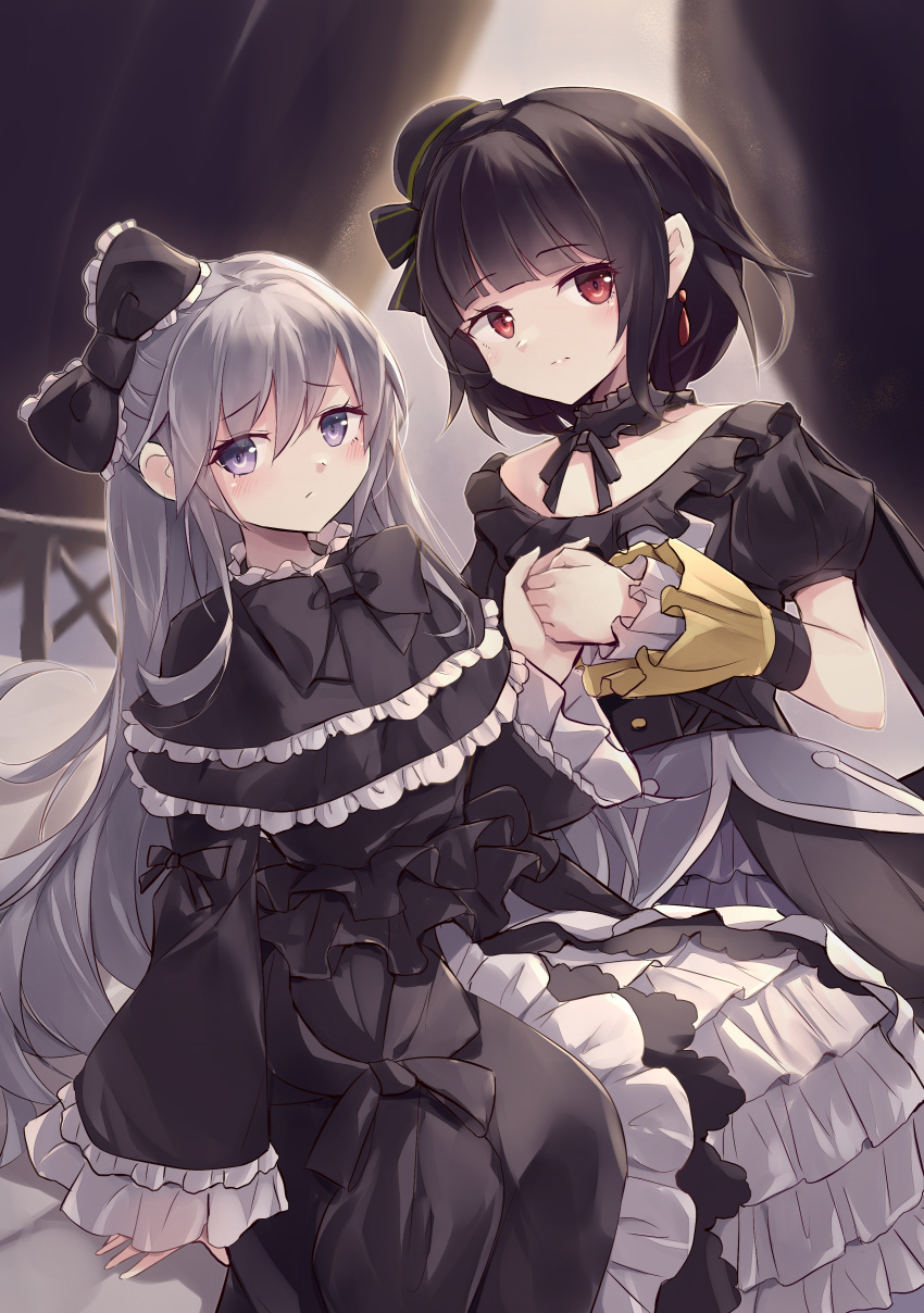 2girls, absurdres, black_dress, black_hair, black_ribbon, blunt_bangs, dress, duel_monster
