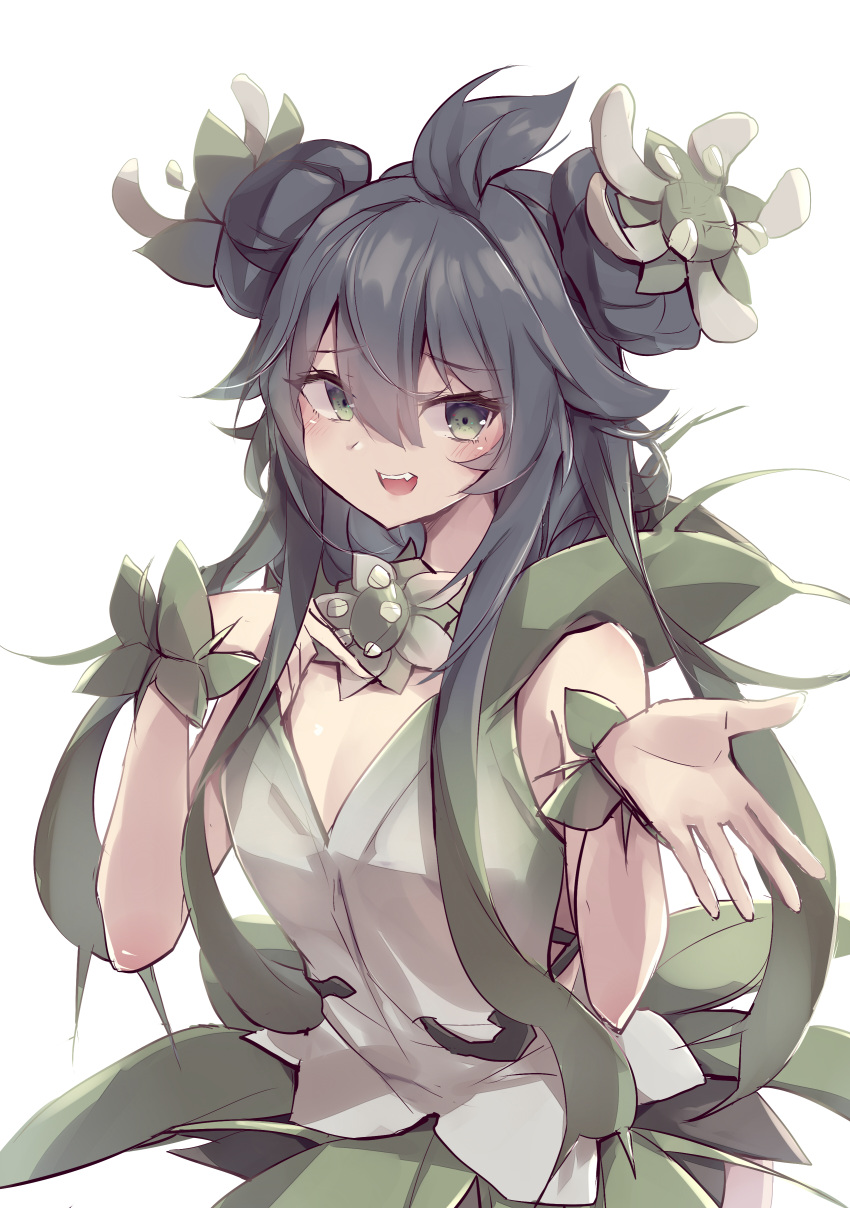 1girl, absurdres, ahoge, black_hair, commentary_request, double_bun, dress, duel_monster