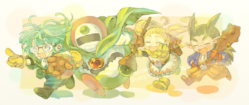 2boys, 2girls, antenna_hair, aqua_hair, black_eyes, black_footwear, blonde_hair, bone_necklace