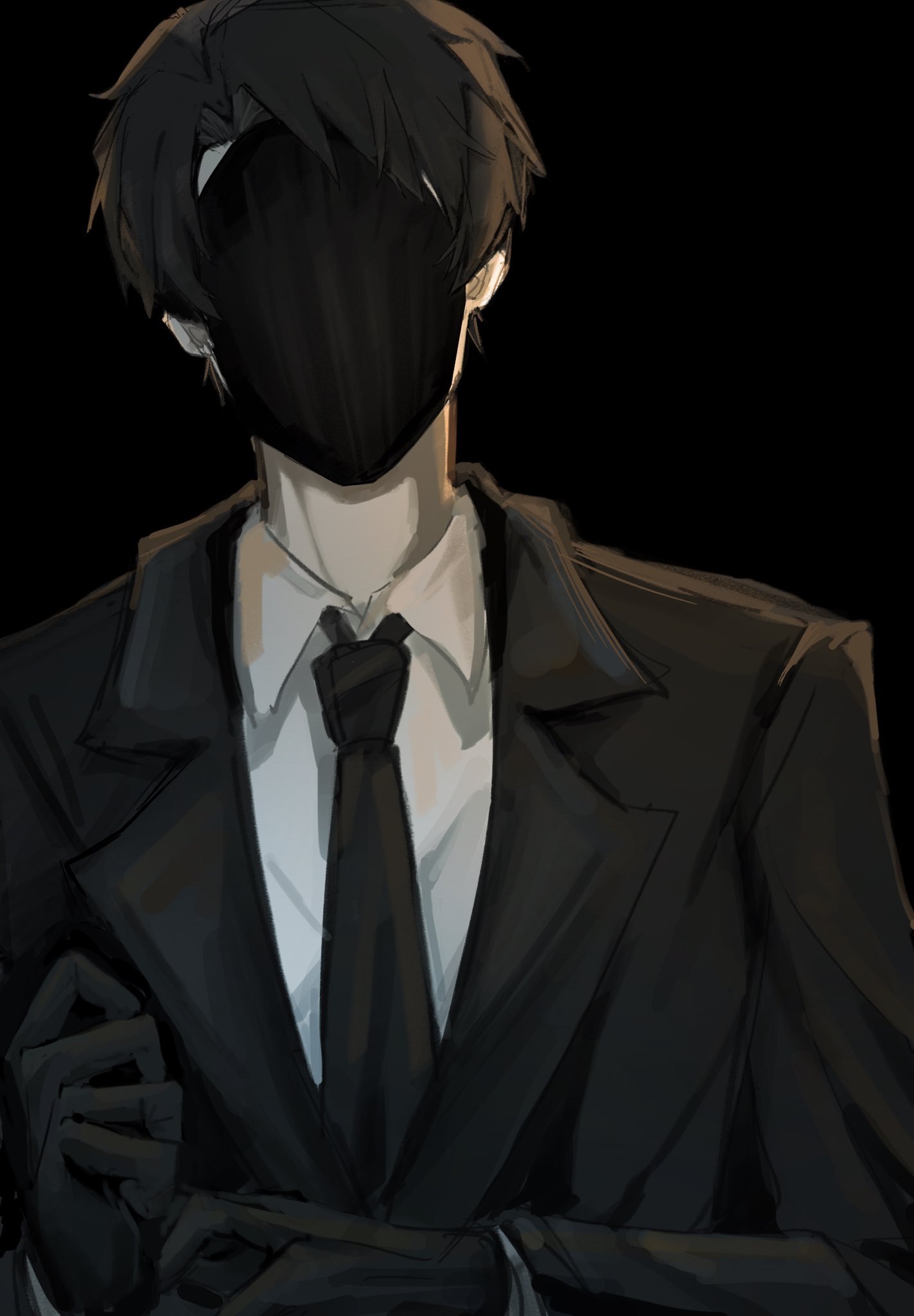 1boy, black_background, black_gloves, black_hair, black_jacket, black_mask, black_necktie, collared_shirt