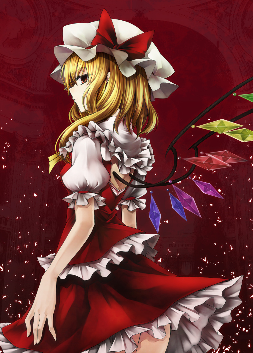 absurdres, ass, blonde_hair, flandre_scarlet, glaring, hat, highres, pointy_ears