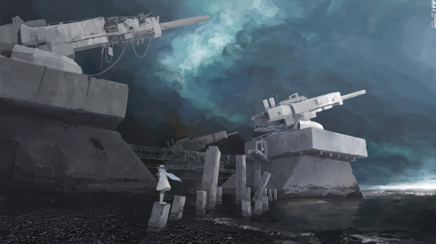 1girl, absurdres, airfish_(lefko_d), architecture, arms_at_sides, artillery, artist_name, black_pantyhose, blue_hair, boots, clouds, cloudy_sky, coastal_artillery, concrete, day, dress, facing_away, floating_hair, from_side, highres, horizon, knee_boots, long_hair, ocean, original, outdoors, pantyhose, scenery, science_fiction, shore, sky, solo, very_long_hair, very_wide_shot, water, watermark, white_dress, white_footwear