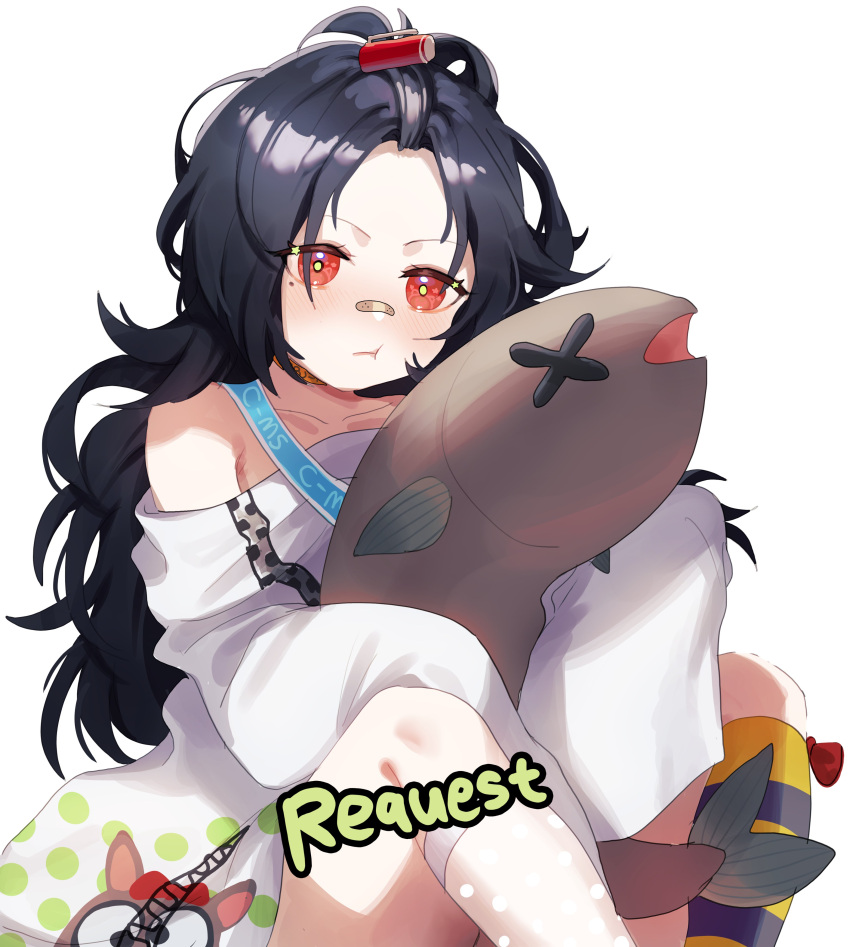 1girl, absurdres, aged_down, animal_print, asymmetrical_legwear, bandaid, bandaid_on_face, bandaid_on_nose