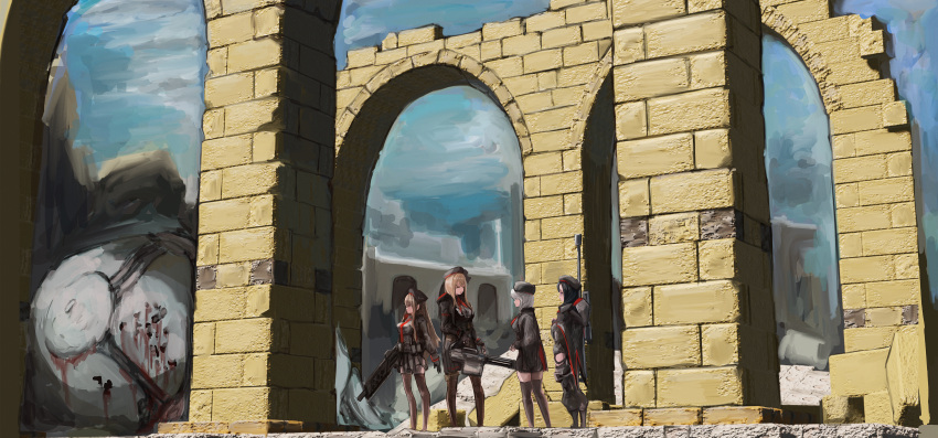 4girls, absolute_(nikke), absurdres, black_hair, blurry, brown_hair, building, dashimaki_(dasimakitama50)