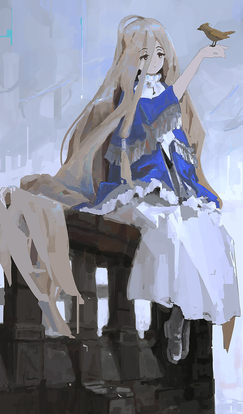 1girl, :|, absurdres, airfish_(lefko_d), bird, bird_on_hand, black_footwear, blonde_hair, blue_dress, brown_eyeshadow, closed_mouth, collar, commentary, detached_collar, dot_nose, dress, expressionless, eyes_visible_through_hair, hair_between_eyes, highres, long_hair, looking_at_animal, sense_(sousou_no_frieren), shoes, sitting, solo, sousou_no_frieren, stille_(sousou_no_frieren), tassel, very_long_hair, white_collar