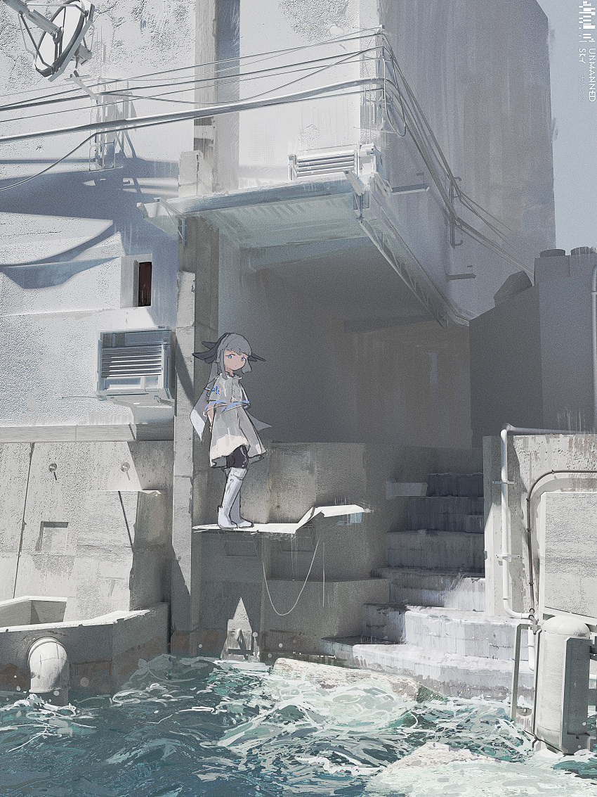 1girl, absurdres, air_vent, airfish_(lefko_d), architecture, black_pantyhose, blue_eyes, boots, canister, day, dress, english_commentary, full_body, grey_hair, highres, industrial_pipe, knee_boots, leaning_back, long_hair, no_nose, original, outdoors, pantyhose, radio_antenna, scenery, science_fiction, short_sleeves, solo, stairs, standing, water, waves, white_dress, white_footwear, wide_shot, wire