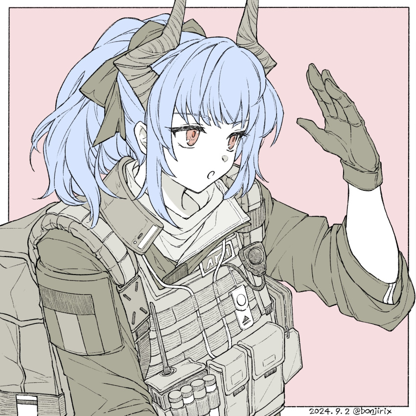 1girl, :o, ammunition_pouch, arknights, arm_at_side, backpack, bag, black_gloves, black_jacket, blue_hair, bonjirix, border, bulletproof_vest, collared_jacket, dated, dragon_girl, dragon_horns, from_side, gloves, hand_up, highres, horns, jacket, limited_palette, liskarm_(arknights), liskarm_(overload)_(arknights), long_bangs, long_hair, long_sleeves, molle_vest, open_hand, open_mouth, outside_border, pink_background, ponytail, pouch, radio, red_eyes, sidelocks, simple_background, solo, twitter_username, upper_body, white_border, wispy_bangs