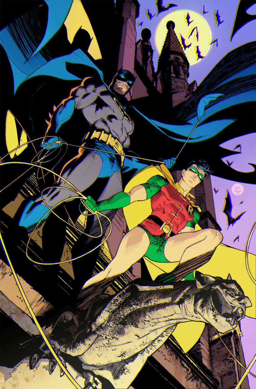 2boys, bat_(animal), batman, batman_(series), belt, black_hair, blue_cape, blue_footwear