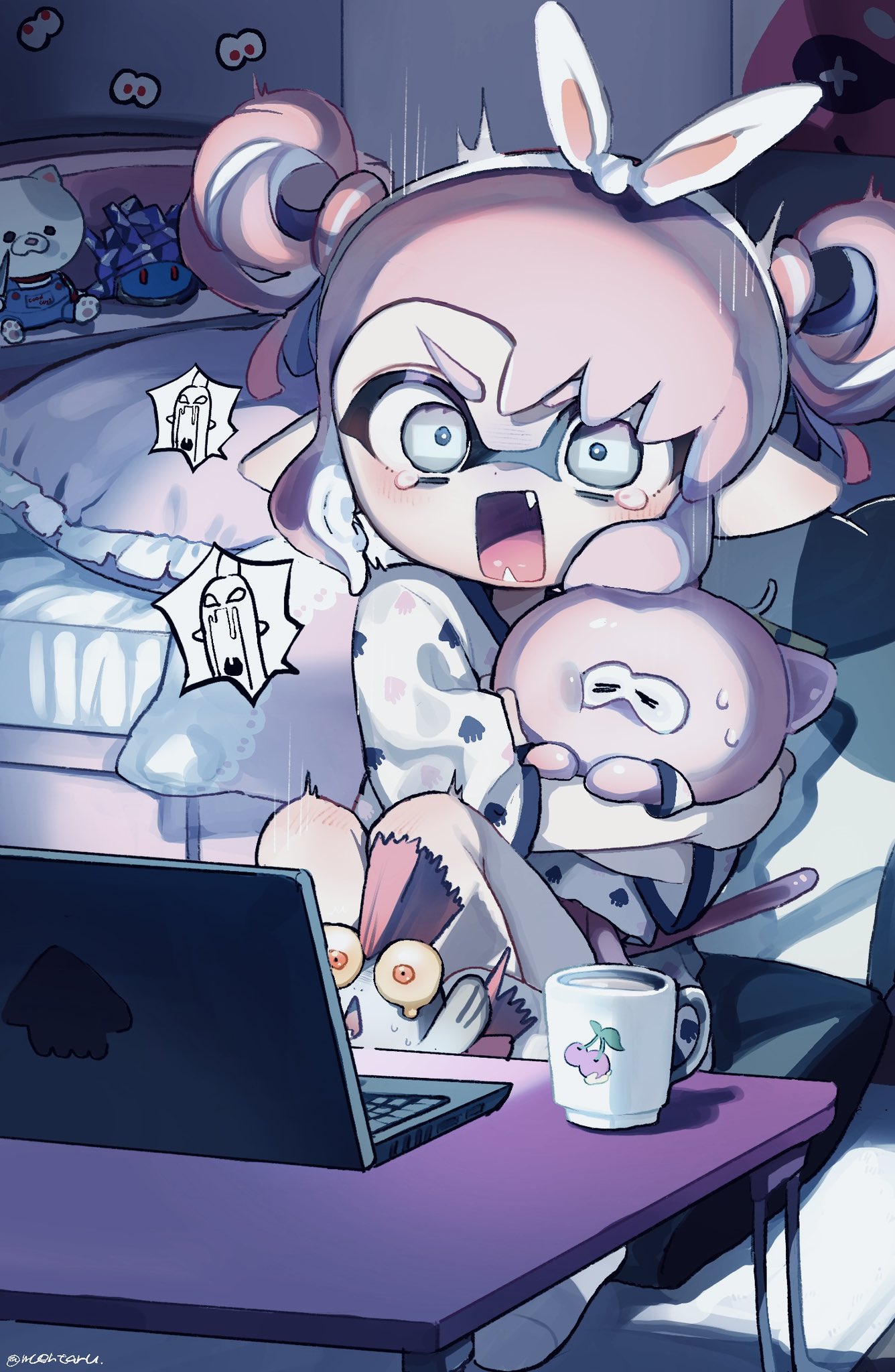 1girl, amezawa_koma, bed, bedroom, blush, bow_hairband, character_doll, commentary_request