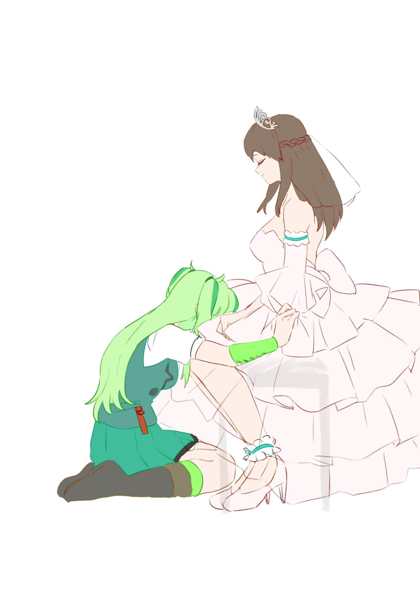 2girls, back_bow, begging, boots, bow, breasts, bridal_veil, bride