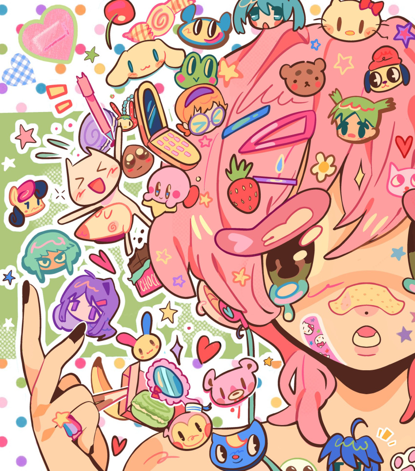 1girl, absolutely_everyone, angel_blue, annotation_request, banana, bandaid, bandaid_on_face, bare_shoulders