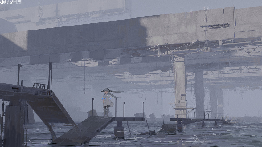 1girl, absurdres, airfish_(lefko_d), architecture, arms_behind_back, black_pantyhose, boots, bridge