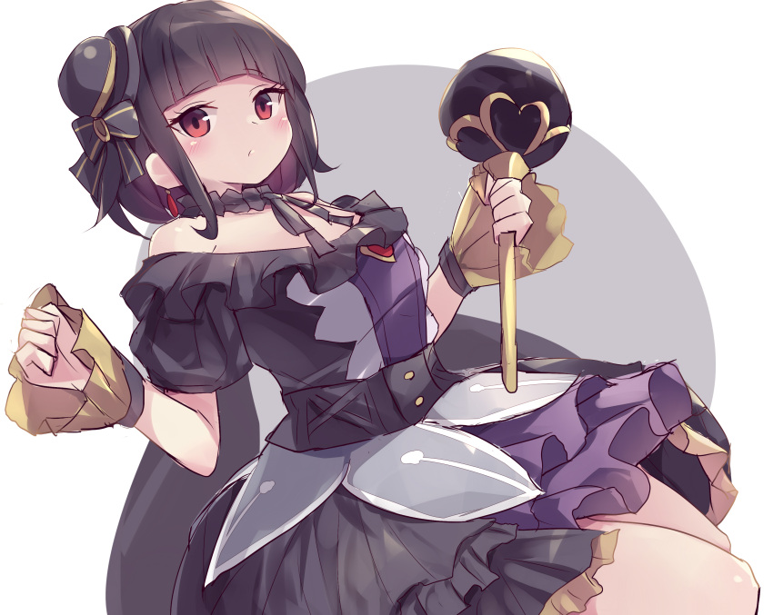 1girl, absurdres, black_dress, black_hair, blunt_bangs, dress, duel_monster, dutch_angle
