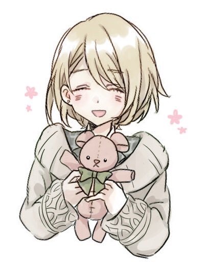 1boy, :d, blonde_hair, blush, brown_sweater, charade_maniacs, chigasaki_mamoru, facing_viewer, male_focus, mikesabi0303, short_hair, simple_background, smile, solo, stuffed_animal, stuffed_toy, sweater, teddy_bear, upper_body, white_background