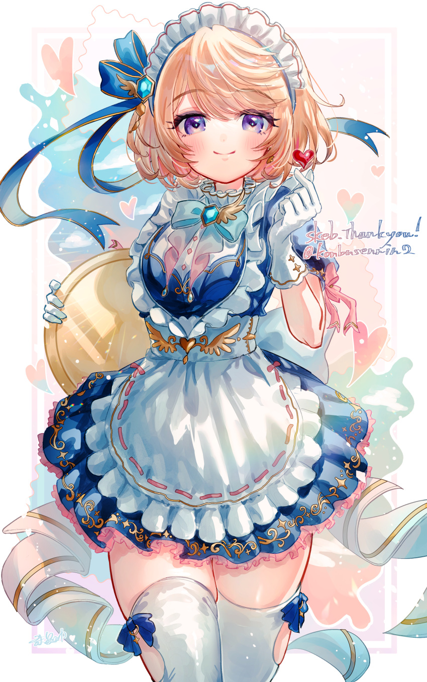 1girl, absurdres, apron, blonde_hair, clothing_cutout, commission, eleanor_(shironeko_project), finger_heart