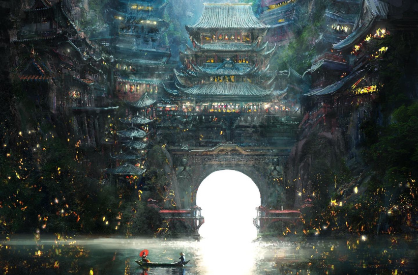 1boy, 1girl, arch, architecture, building, commentary_request, concept_art, east_asian_architecture