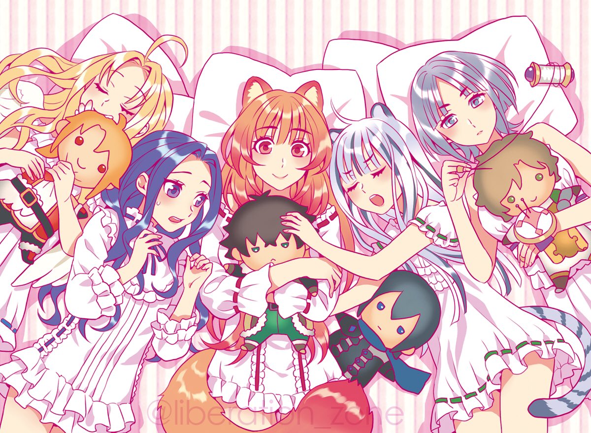5girls, ahoge, amaki_ren, animal_ears, atla_fayon, biting_stuffed_toy, blonde_hair, blue_ribbon