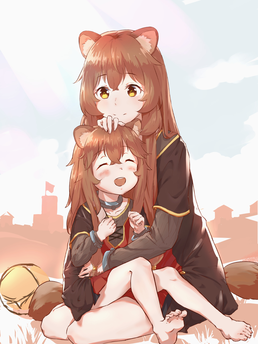 2girls, :d, alternate_eye_color, animal_ear_fluff, animal_ears, ball, barefoot, blush