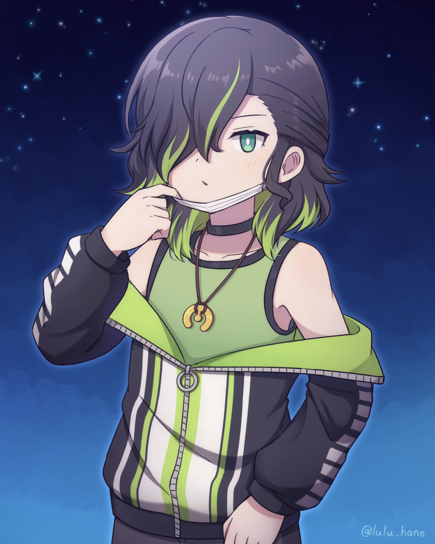 1boy, adjusting_mask, androgynous, aqua_eyes, artist_name, asymmetrical_bangs, black_background, black_choker