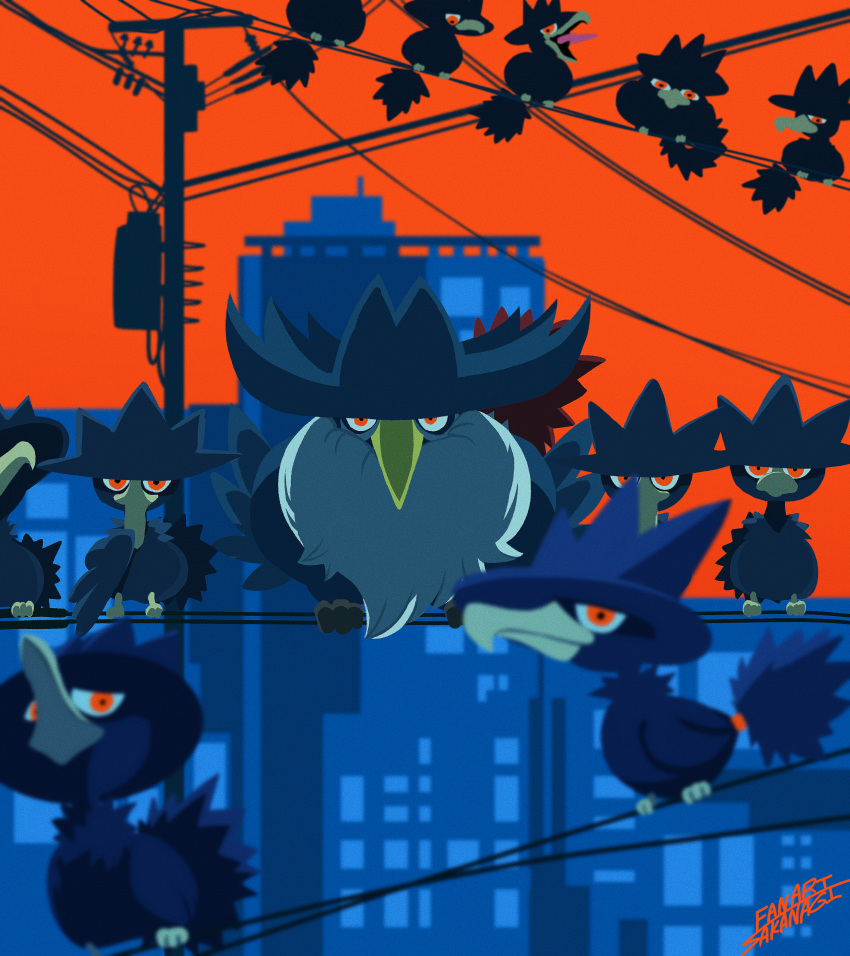 absurdres, building, city, cococo029, evolutionary_line, feathers, highres, honchkrow