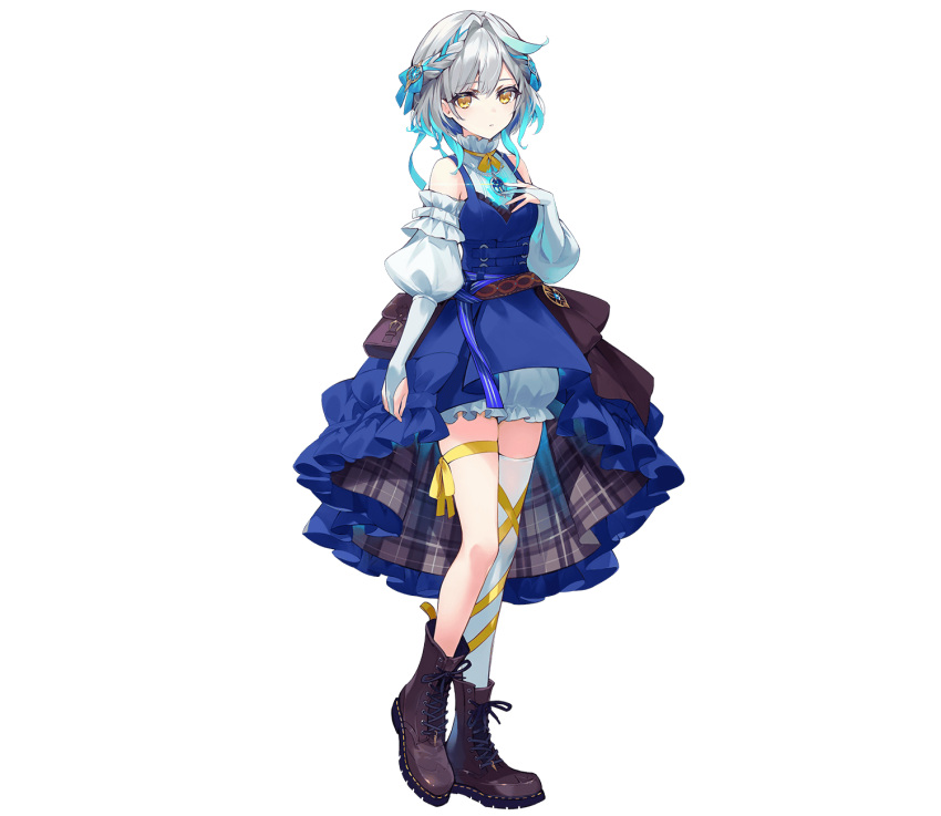1girl, aqua_hair, bloomers, blue_dress, blue_skirt, braid, brown_footwear, detached_sleeves