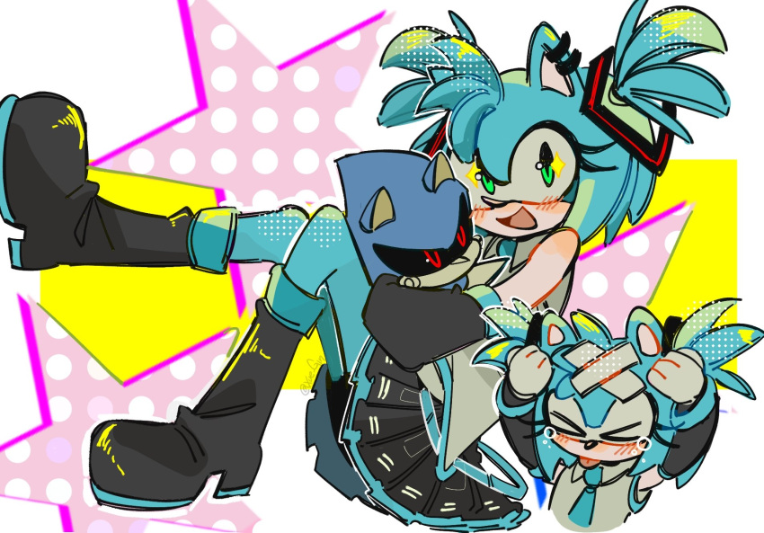 >_<, 1boy, 1girl, amy_rose, aqua_fur, aqua_hair, aqua_necktie, bandaged_head