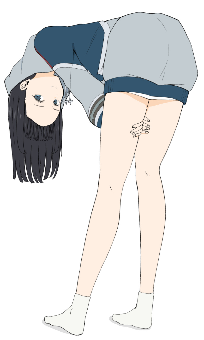 1girl, ass, bent_over, black_hair, blue_eyes, closed_mouth, commentary_request, drawstring, from_behind, full_body, grey_hoodie, highres, hood, hood_up, hoodie, kimi_no_iro, looking_at_viewer, looking_back, no_shoes, sakunaga_kimi, shadow, simple_background, smile, socks, solo, temari_rin, white_background, white_socks
