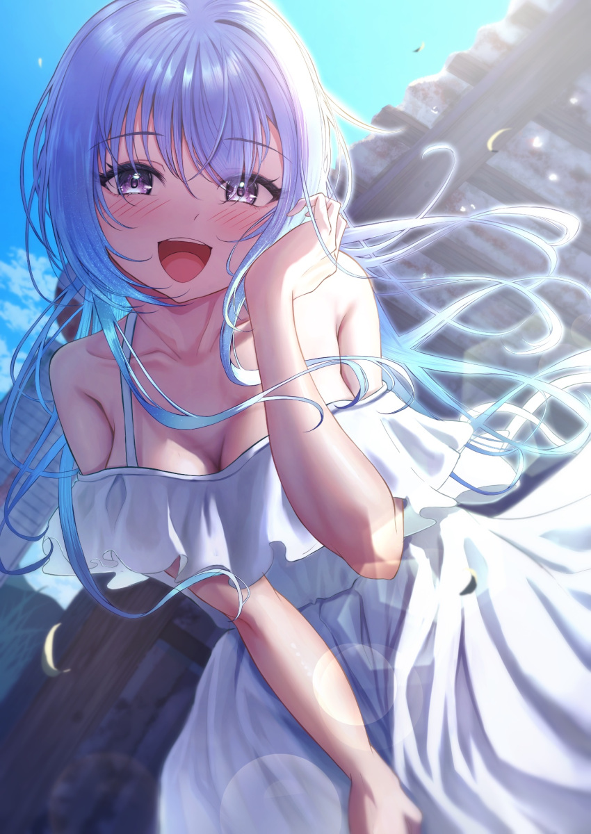 1girl, :d, bare_shoulders, blue_hair, blue_sky, blush, collarbone, commentary_request