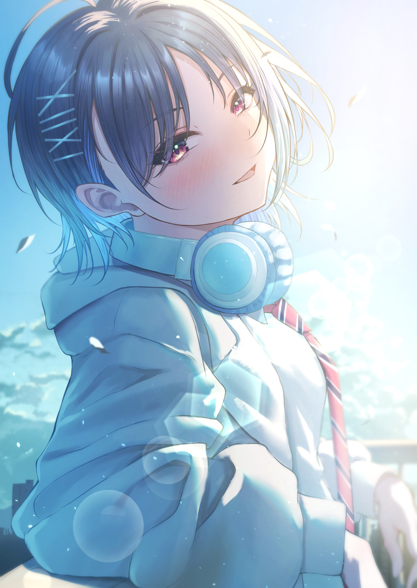1girl, absurdres, ahoge, black_hair, blush, diagonal-striped_clothes, diagonal-striped_necktie, gakuen_idolmaster