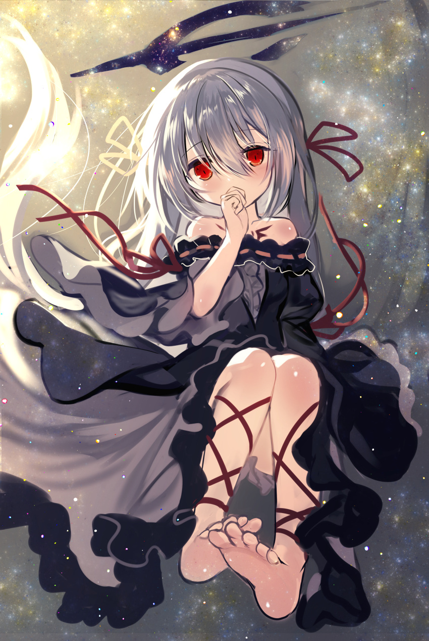 1girl, absurdres, bare_shoulders, barefoot, black_dress, borrowed_character, commission, covering_own_mouth