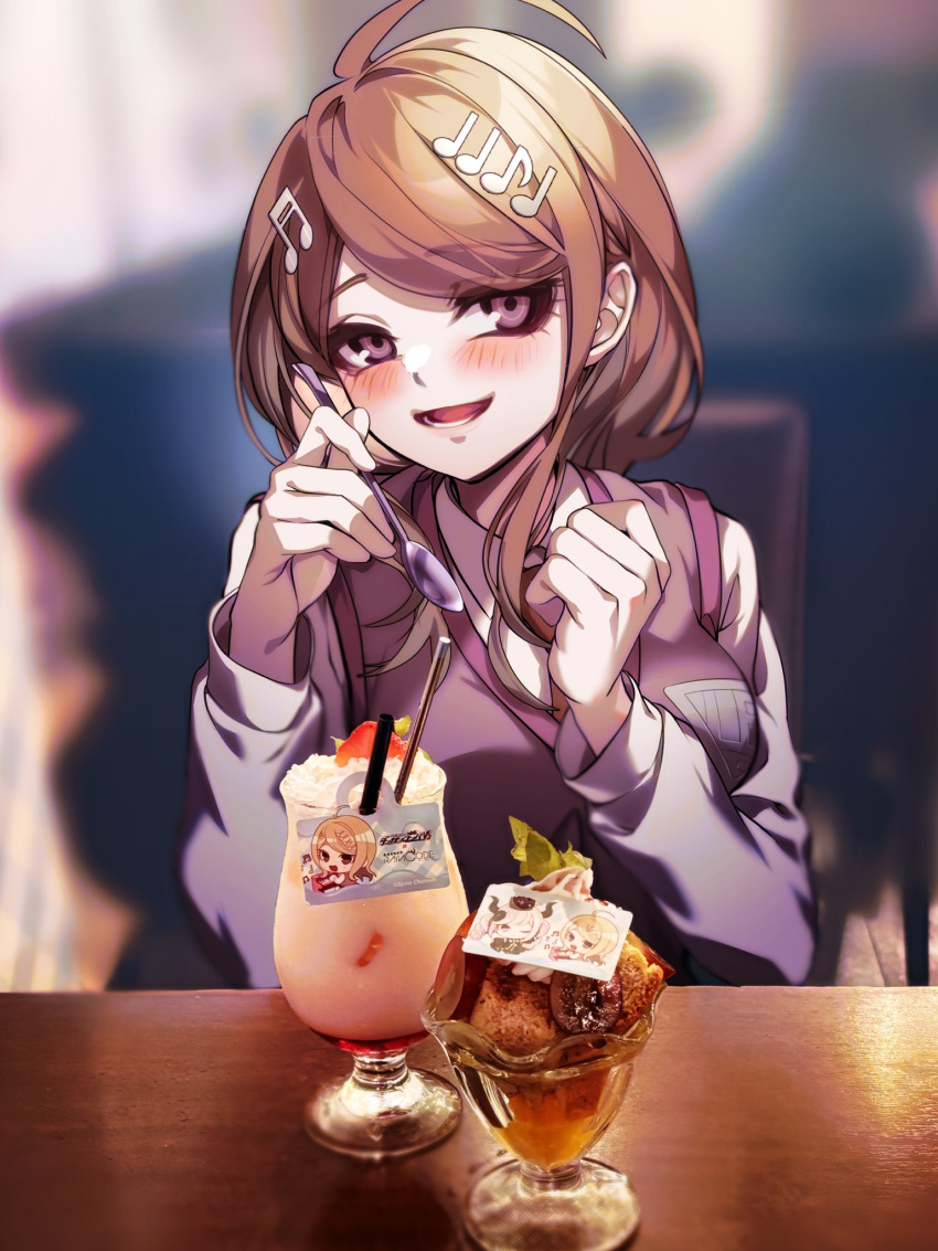 1girl, ahoge, blonde_hair, blurry, blush, breasts, danganronpa_(series), danganronpa_v3:_killing_harmony, hair_ornament, highres, holding, holding_spoon, large_breasts, long_hair, looking_at_viewer, master_detective_archives:_rain_code, musical_note, musical_note_hair_ornament, nota_sayaka, parted_lips, photo_background, pink_sweater, ringed_eyes, shinigami_(rain_code), shirt, smile, solo, spoon, sweater, upper_body, violet_eyes, white_shirt