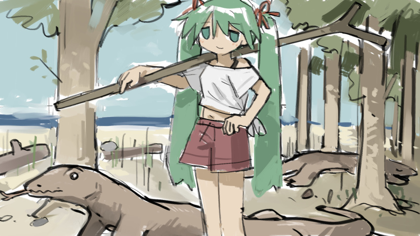 1girl, alternate_costume, animal, aqua_eyes, aqua_hair, blush, cowboy_shot, hand_on_own_hip