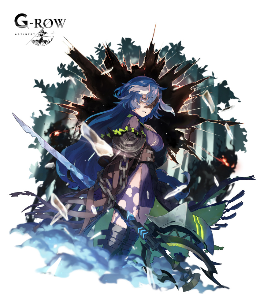1girl, belt, black_jacket, blue_hair, brown_belt, chain, feet_out_of_frame, grey_eyes