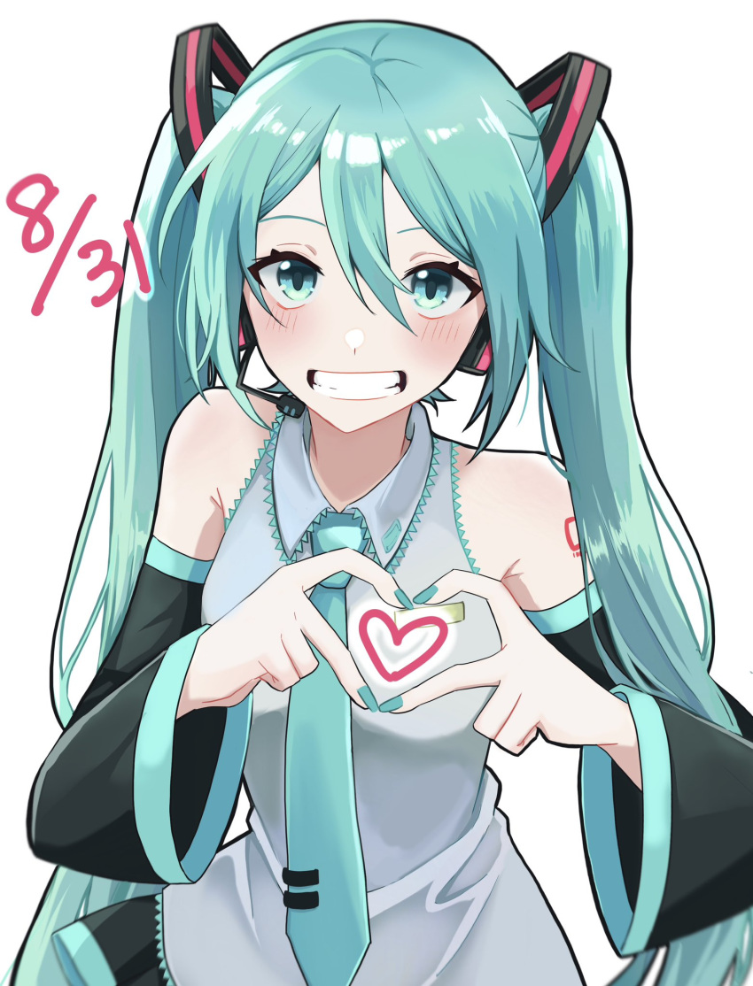 1girl, 4-finger_heart_hands, aqua_eyes, aqua_hair, aqua_nails, aqua_necktie, aqua_trim, bare_shoulders