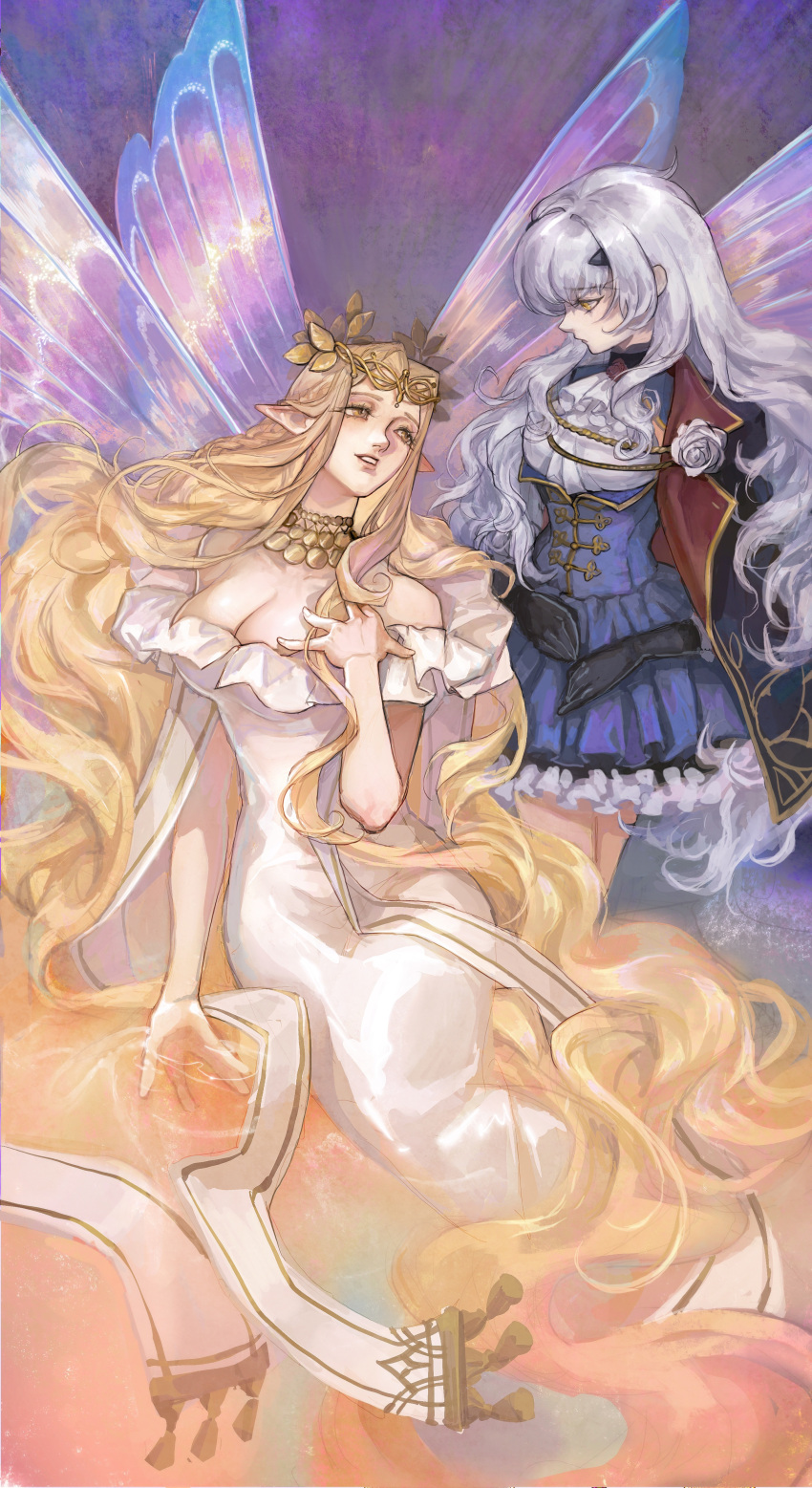 2girls, absurdres, afloat, aiguillette, ascot, aurora_(fate), bare_shoulders, black_gloves