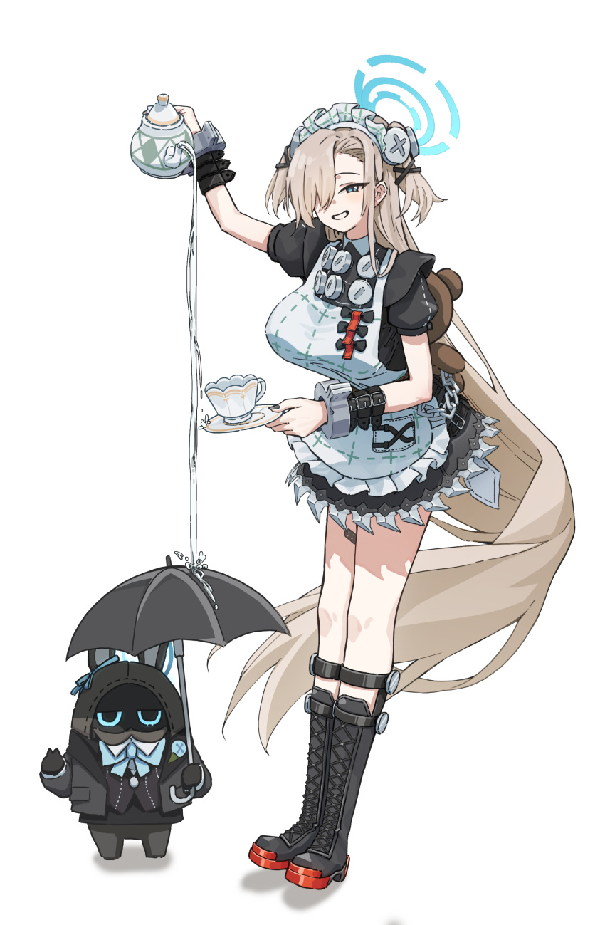 1girl, absurdres, apron, asuna_(blue_archive), bandaid, bandaid_on_leg, bangboo_(zenless_zone_zero), black_dress