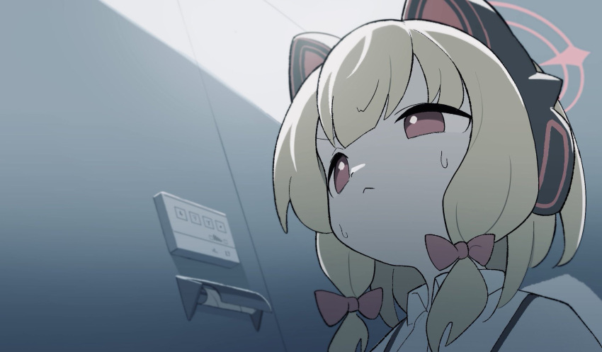 1girl, :<, animal_ear_headphones, animal_ears, blonde_hair, blue_archive, bow, cat_ears, closed_mouth, fake_animal_ears, from_below, hair_bow, halo, headphones, highres, ketsu_juuji_killer_(kejuki), medium_hair, meme, momoi_(blue_archive), no_toilet_paper, pink_halo, red_bow, red_eyes, sidelocks, solo, sweat, toilet_stall