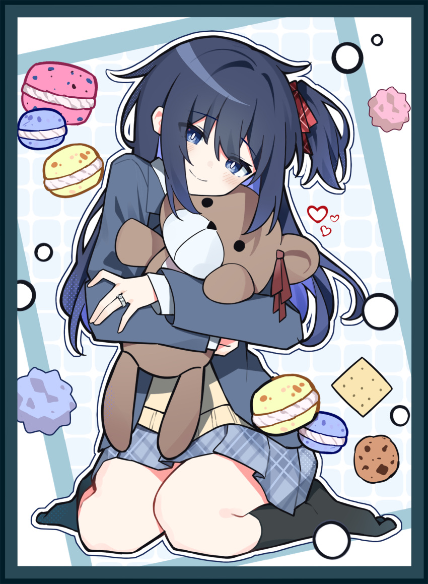 1girl, aged_up, aqua_border, black_socks, blue_eyes, blue_hair, blue_skirt, border
