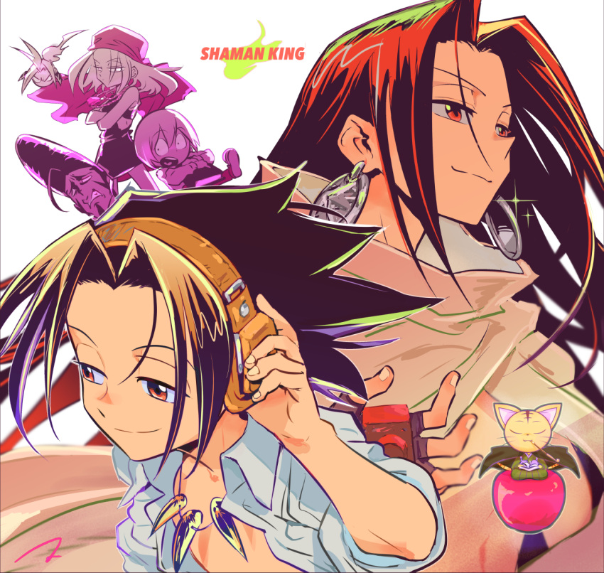 1girl, 4boys, amidamaru, asakura_hao, asakura_yoh, bandana, beads, cat