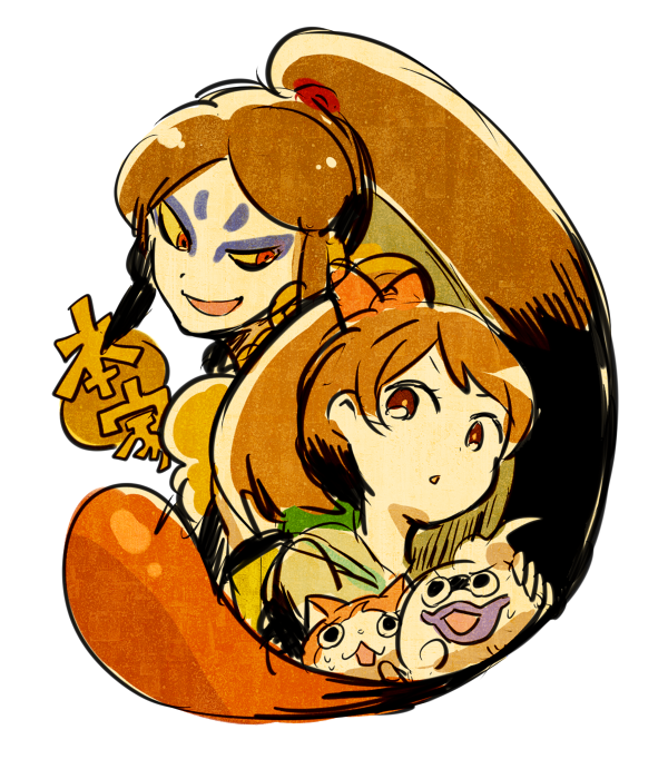 1boy, 1girl, colored_sclera, emi-chan, half-closed_eye, jibanyan, long_hair, looking_at_another