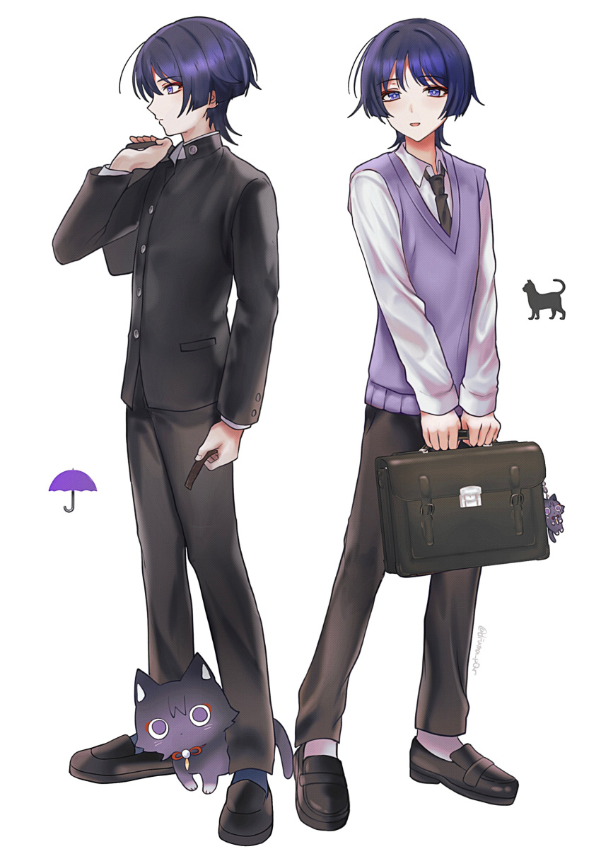 2boys, absurdres, animal_print, bag, black_footwear, black_hair, black_necktie, black_pants