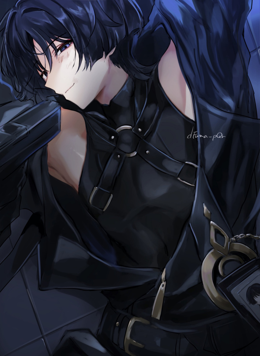 1boy, absurdres, aiming, alternate_costume, armpits, arms_behind_back, artist_name, belt