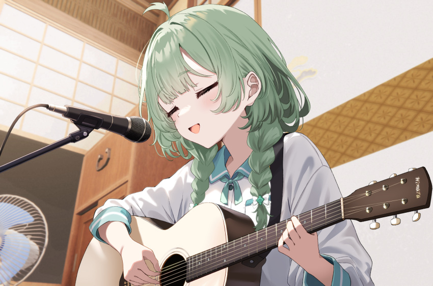 1girl, :d, ahoge, blush, braid, closed_eyes, commentary_request, electric_fan