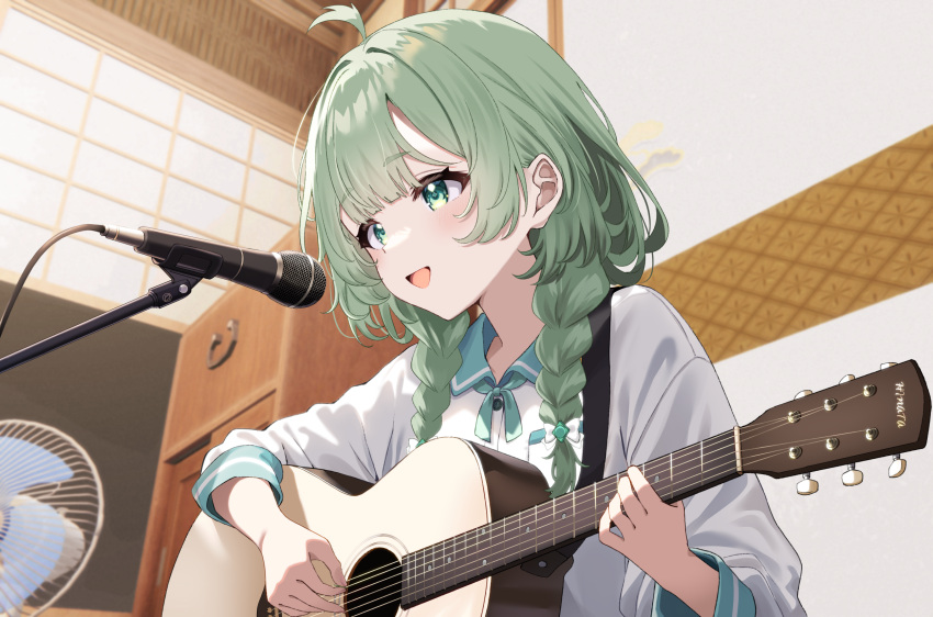 1girl, :d, ahoge, blush, braid, commentary_request, electric_fan, green_eyes