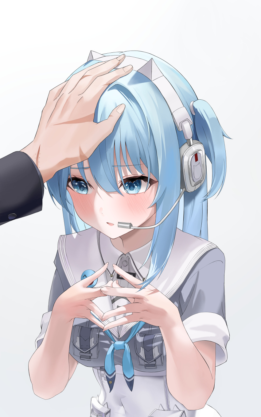 1boy, 1girl, absurdres, averting_eyes, blue_eyes, blue_hair, blue_neckerchief, blush