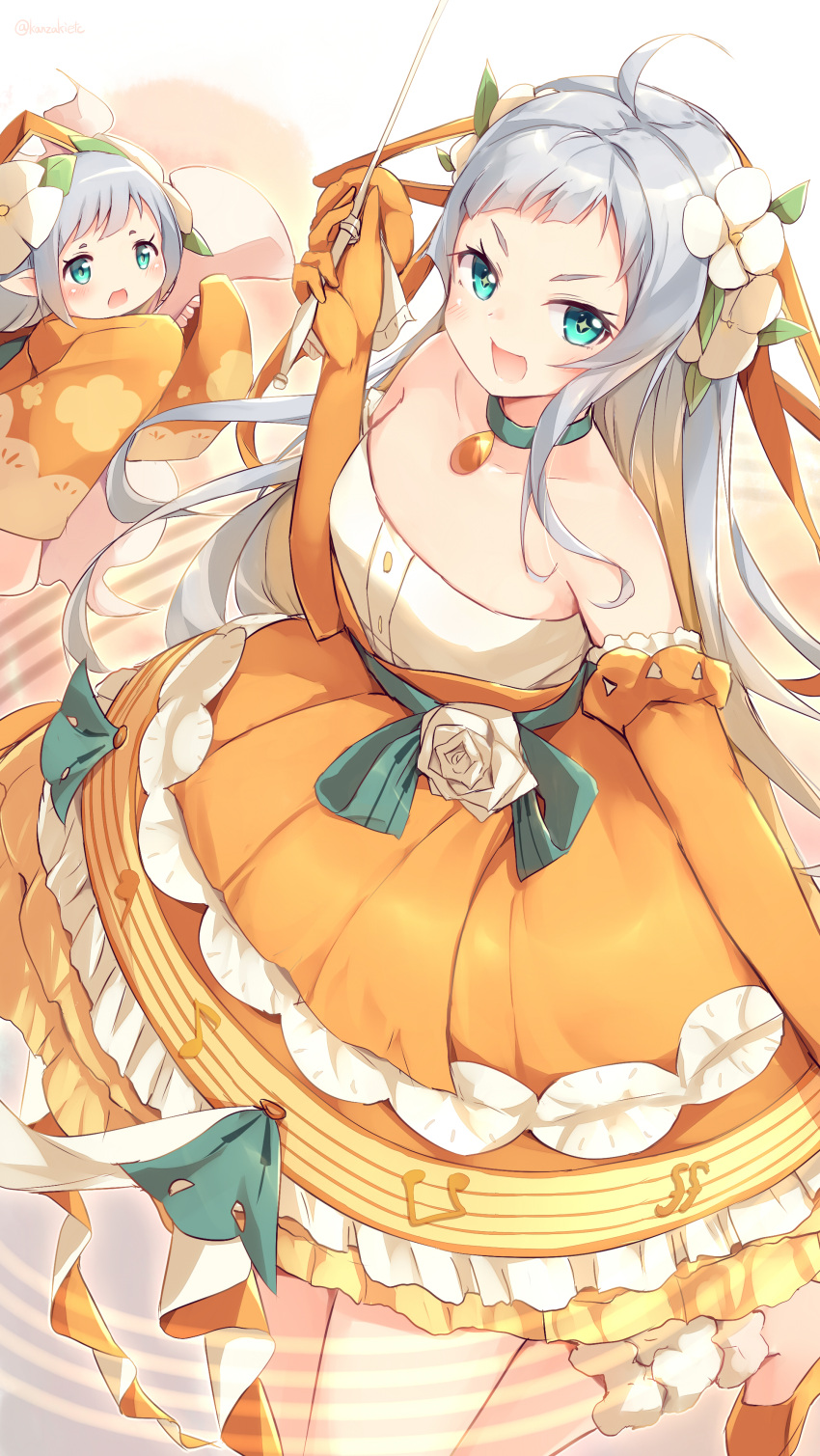 2girls, absurdres, ahoge, blue_eyes, detached_sleeves, dress, duel_monster, dutch_angle