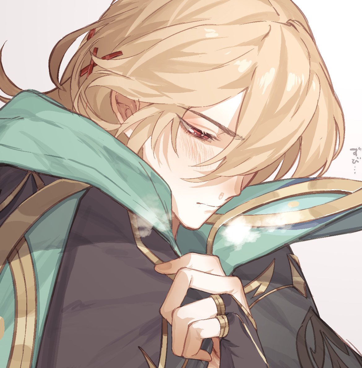 1boy, alhaitham_(genshin_impact), alhaitham_(genshin_impact)_(cosplay), blonde_hair, borrowed_clothes, closed_mouth, commentary_request, cosplay
