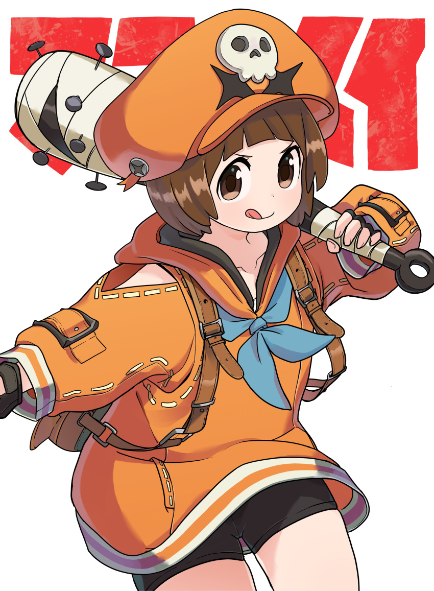 1girl, :p, absurdres, baseball_bat, bike_shorts, black_gloves, brown_eyes, brown_hair