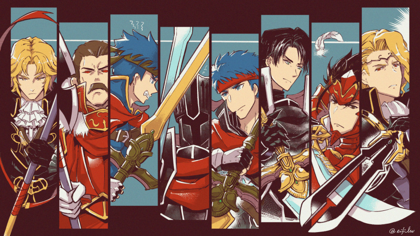 6+boys, alondite, armor, black_armor, black_hair, black_knight_(fire_emblem), blonde_hair, blue_eyes